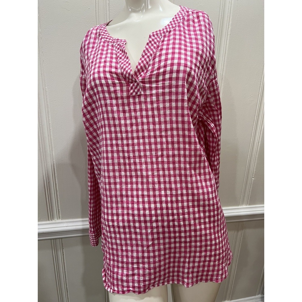 Talbots Pink & White Gingham V-Neck Long Sleeve Blouse Size X Large